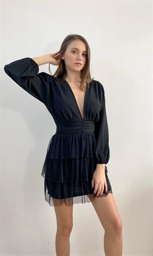 Fırfırlı Siyah Büzgülü Mini Abiye Elbise 