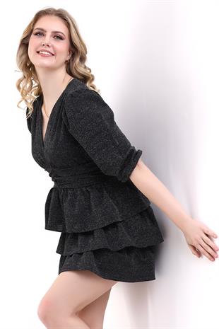 Gri Simli Siyah Büzgülü Fırfırlı Mini Abiye Elbise 