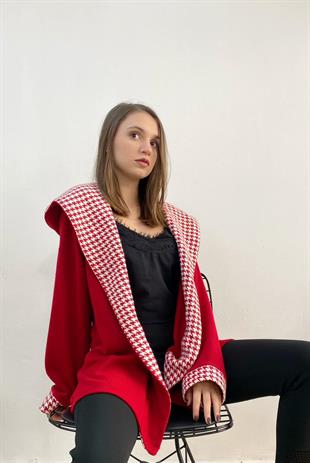 Kazayağı Detaylı Kırmızı Triko Hırka 