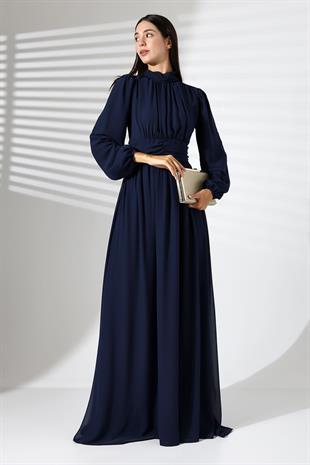 Lacivert Şifon Balıkçı Yaka Büzgülü Uzun Abiye Nikah Elbise  Tesettür