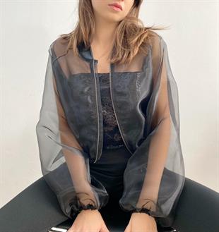Organze Şifon Bomber Siyah Ceket Gömlek 