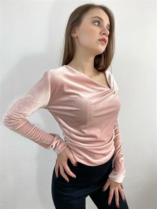 Pembe Kadife Büzgülü Bluz  