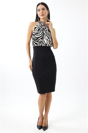 Siyah-beyaz Saten Zebra Desenli Halter Yaka Kolsuz Midi Elbise 