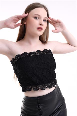Siyah Dantel Güpür Kuş Gözü Detay Crop Büstiyer