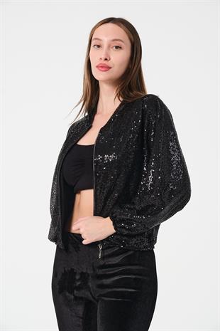 Siyah Pul Payetli Fermuarlı Bomber Mont Ceket  Tesettür