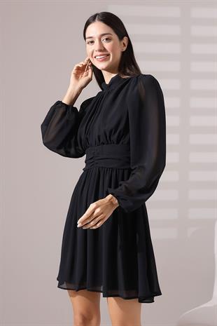 Siyah Şifon Balıkçı Yaka Büzgülü Mini Abiye Nikah Elbise 