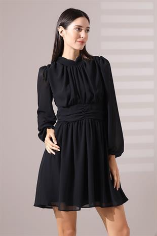 Siyah Şifon Balıkçı Yaka Büzgülü Mini Abiye Nikah Elbise 