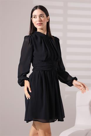 Siyah Şifon Balıkçı Yaka Büzgülü Mini Abiye Nikah Elbise 