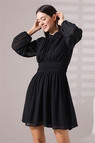 Siyah Şifon Balıkçı Yaka Büzgülü Mini Abiye Nikah Elbise 