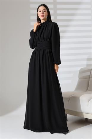 Siyah Şifon Balıkçı Yaka Büzgülü Uzun Abiye Nikah Elbise  Tesettür