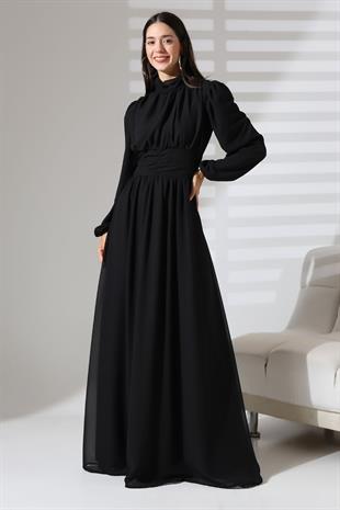 Siyah Şifon Balıkçı Yaka Büzgülü Uzun Abiye Nikah Elbise  Tesettür
