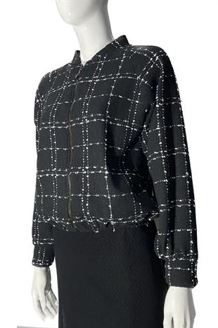 Siyah Tüvit Fermuarlı Kareli Şanel Kumaş Gold Düğme Bomberceket  Tesettür