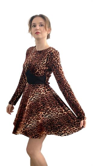 Üçgen Etekli File Detaylı Kadife Leopar Desen Mini Elbise 