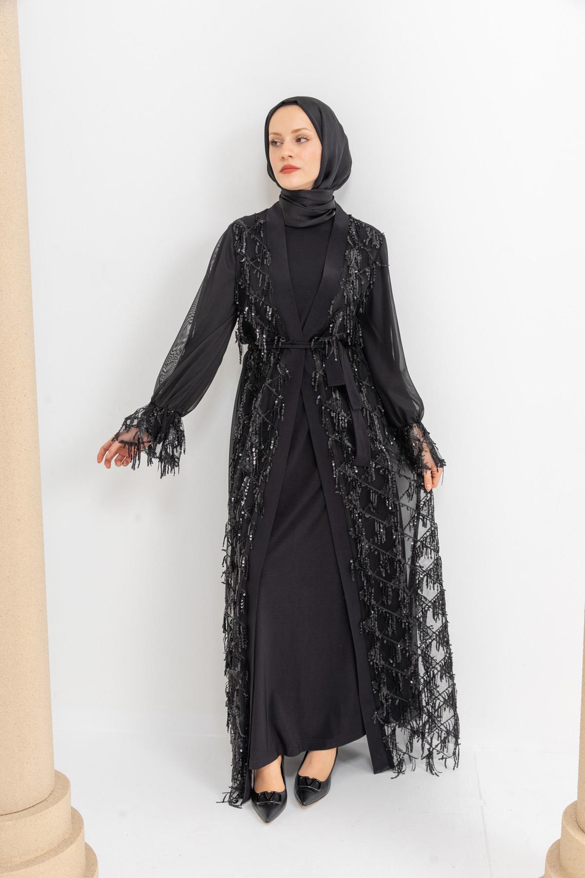  MİAMOOD 081 PAYETLİ ABAYA TAKIM