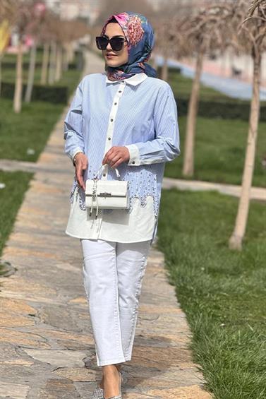 FERACE FUAT GÜRŞEN 26Y-5304 ÇİZGİLİ ETEK UCU TAŞLI GÖMLEK