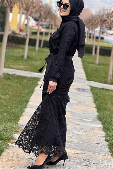 ELBİSE KREM FASHİON 26602 GİPÜR ASTARLI ELBİSE