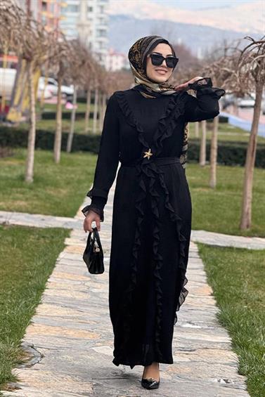 ELBİSE KREM FASHİON 26604 FIRFIR DETAY ŞİFON ELBİSE