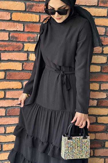 ELBİSE KREM FASHİON 26605 ETEĞİ FIRFIR DETAYLI ELBİSE