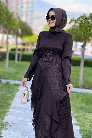 ELBİSE KREM FASHİON 26614 JAKAR KUMAŞ ŞİFON DETAYLI ELBİSE
