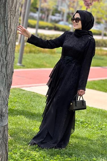 ELBİSE KREM FASHİON 26614 JAKAR KUMAŞ ŞİFON DETAYLI ELBİSE