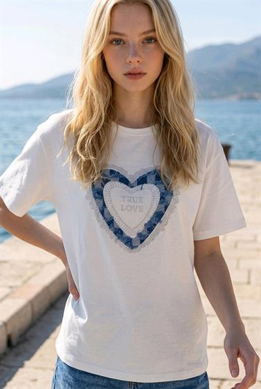 T-SHIRT QME TRUE LOVE KALPLİ TAŞLI TİŞÖRT