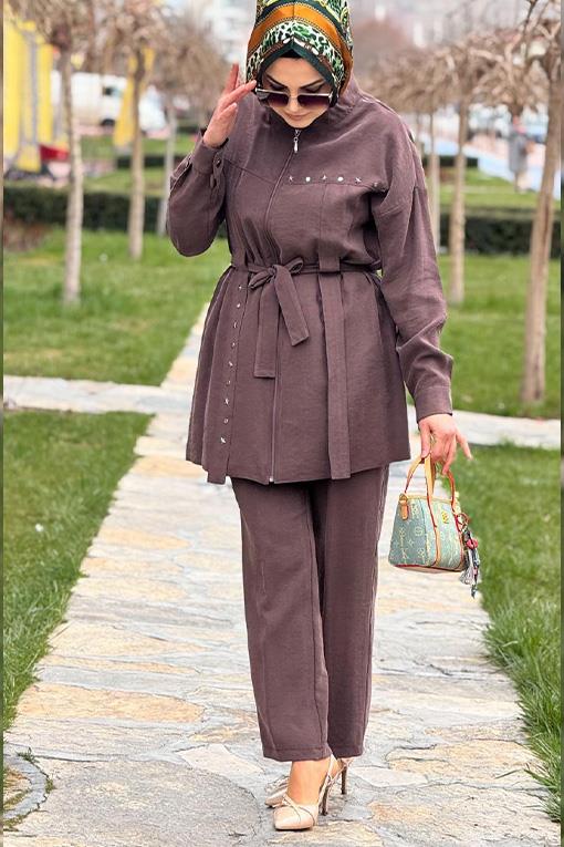 TAKIM KREM FASHİON 26500 METAL DETAYLI PANTOLONLU TAKIM