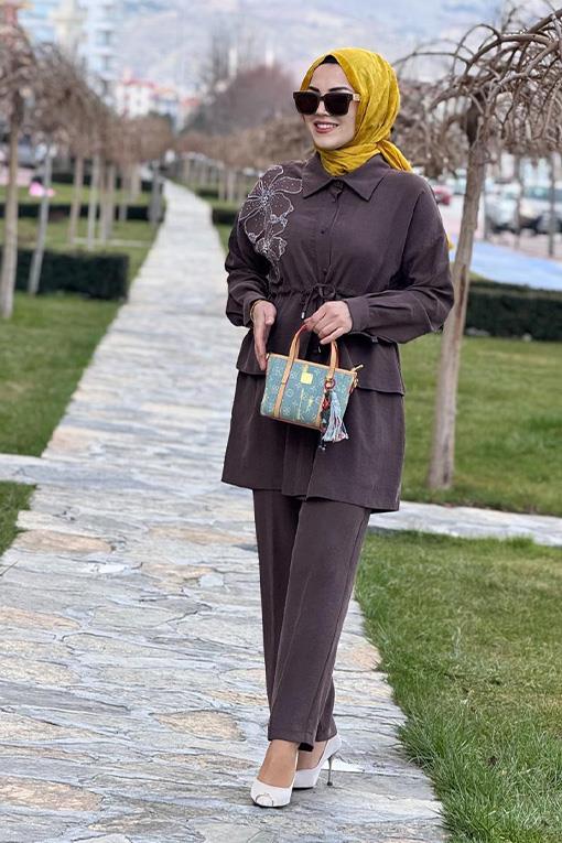 TAKIM KREM FASHİON 26501 TEK OMUZ TAŞLI PANTOLONLU TAKIM