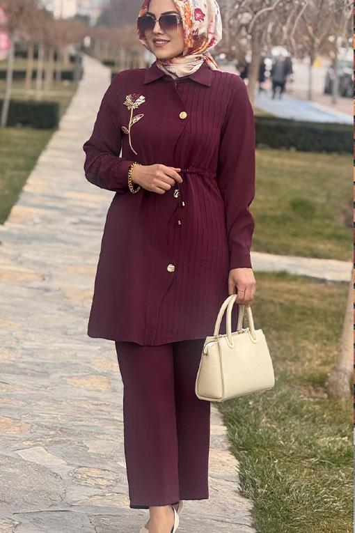 TAKIM KREM FASHİON 26508 LALE TAŞ DETAYLI PANTOLONLU TAKIM