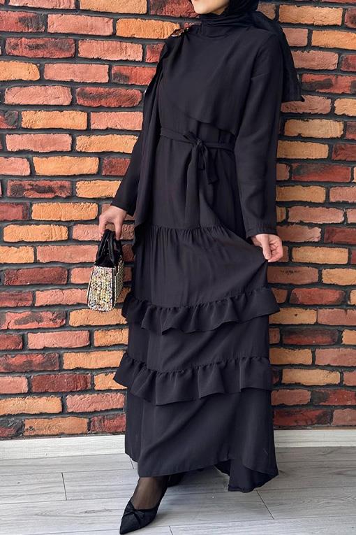 ELBİSE KREM FASHİON 26605 ETEĞİ FIRFIR DETAYLI ELBİSE