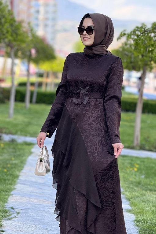 ELBİSE KREM FASHİON 26614 JAKAR KUMAŞ ŞİFON DETAYLI ELBİSE