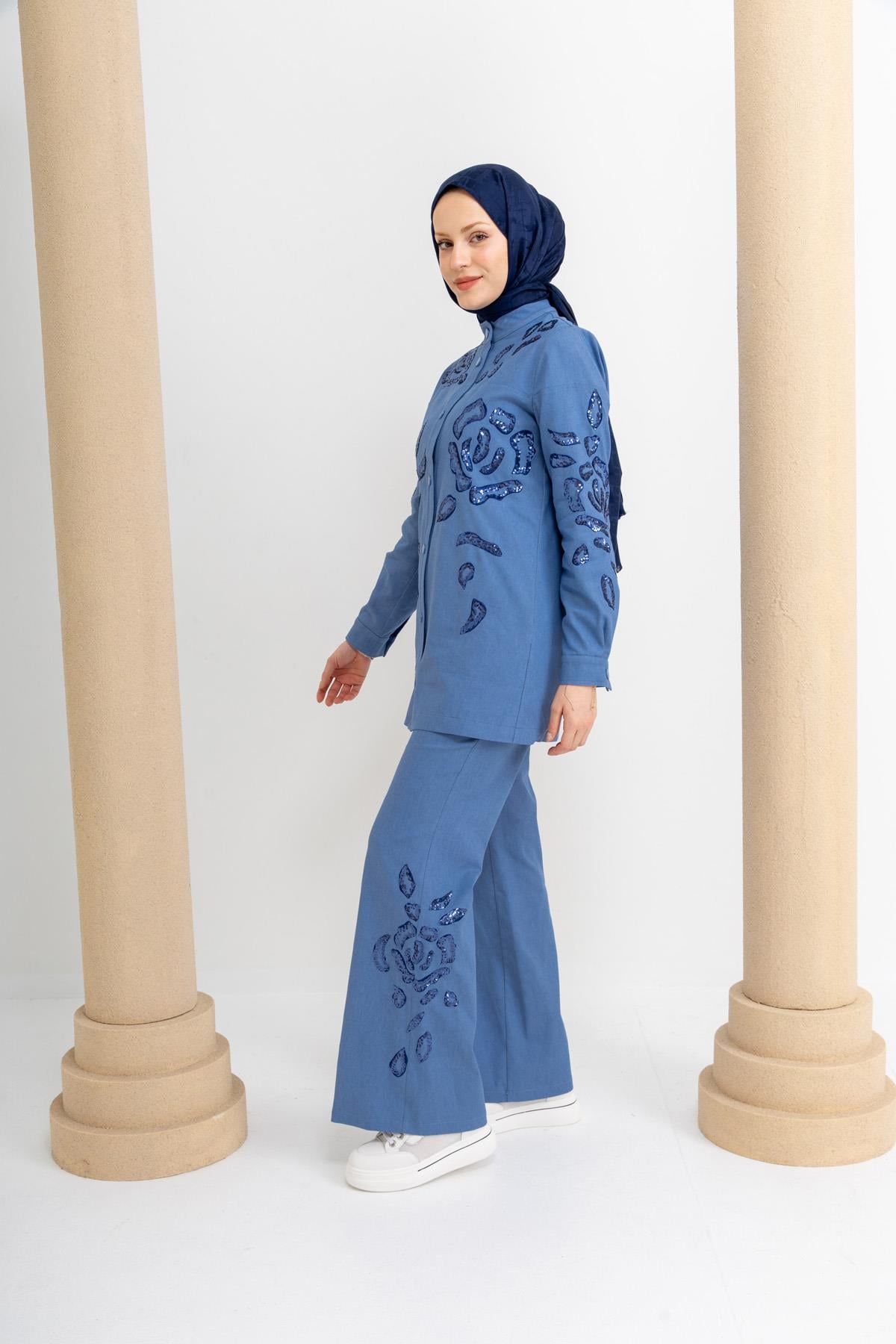 PANTOLON MİARUJ 25Y3576 YANI PAYETLİ NAKIŞLI KOT PANTOLON