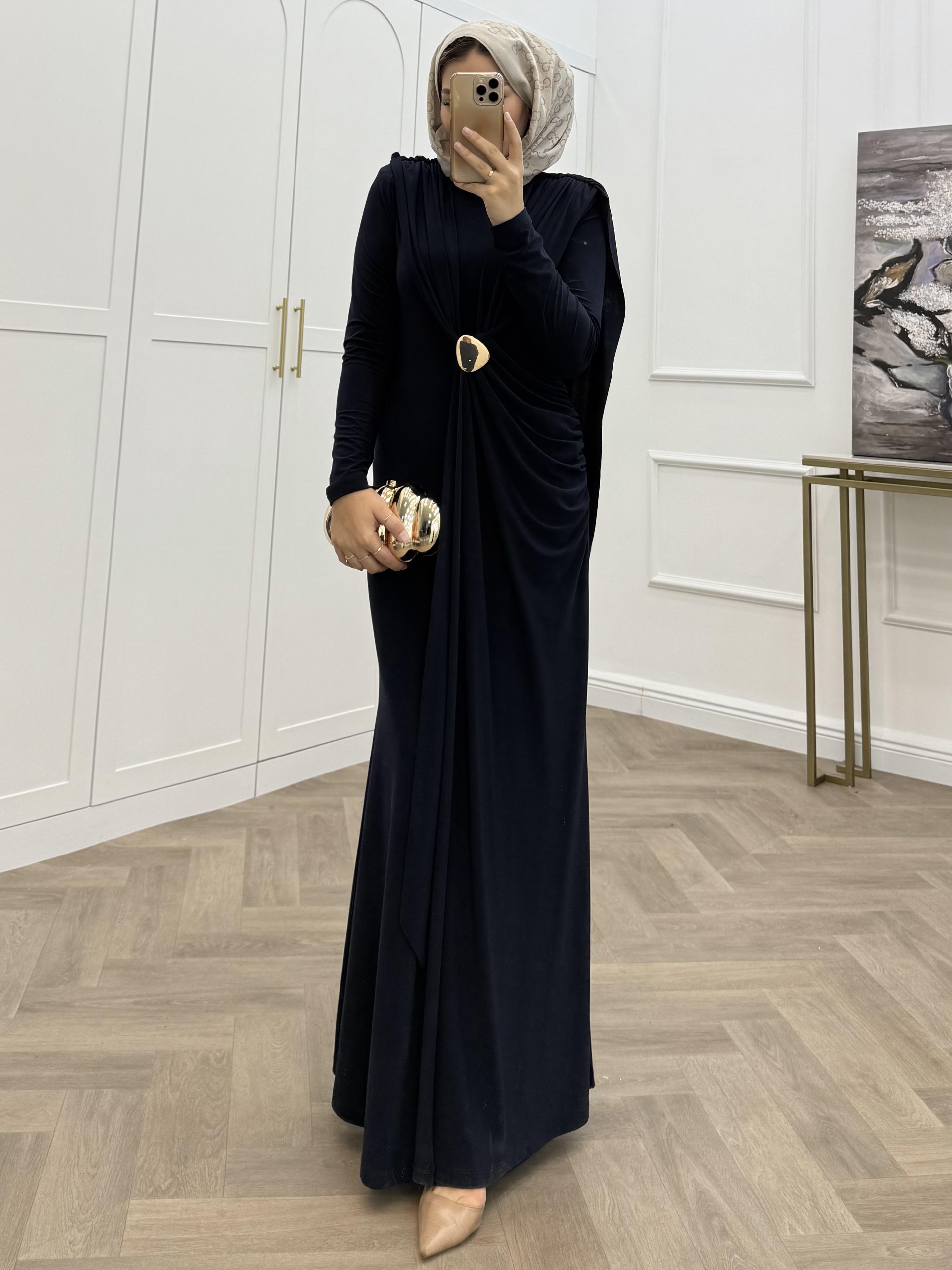 AKSESUAR DETAYLI SANDY ELBİSE  LACİVERT