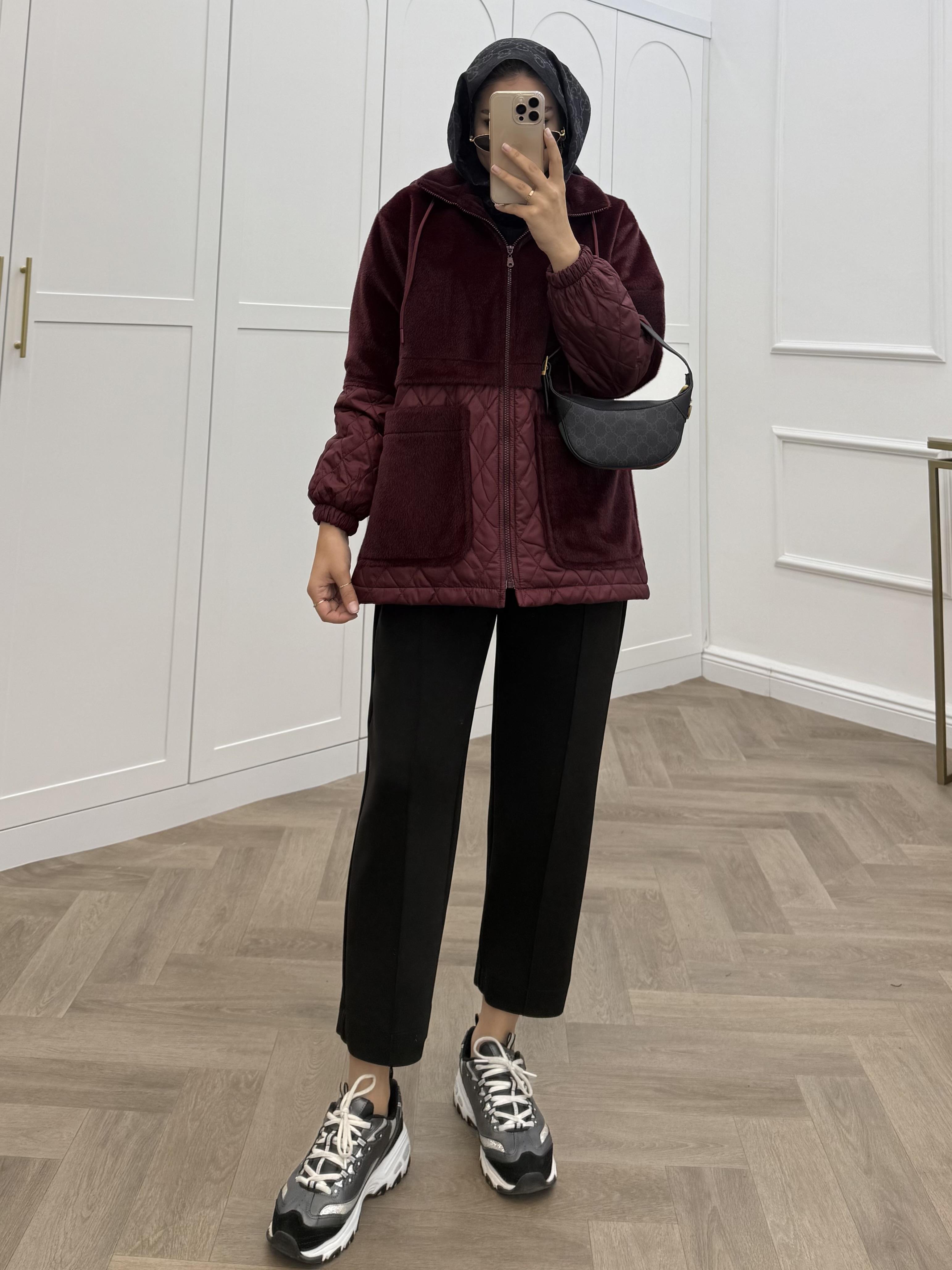 ANGORA CAPİTONE KAPÜŞONLU CEKET BORDO