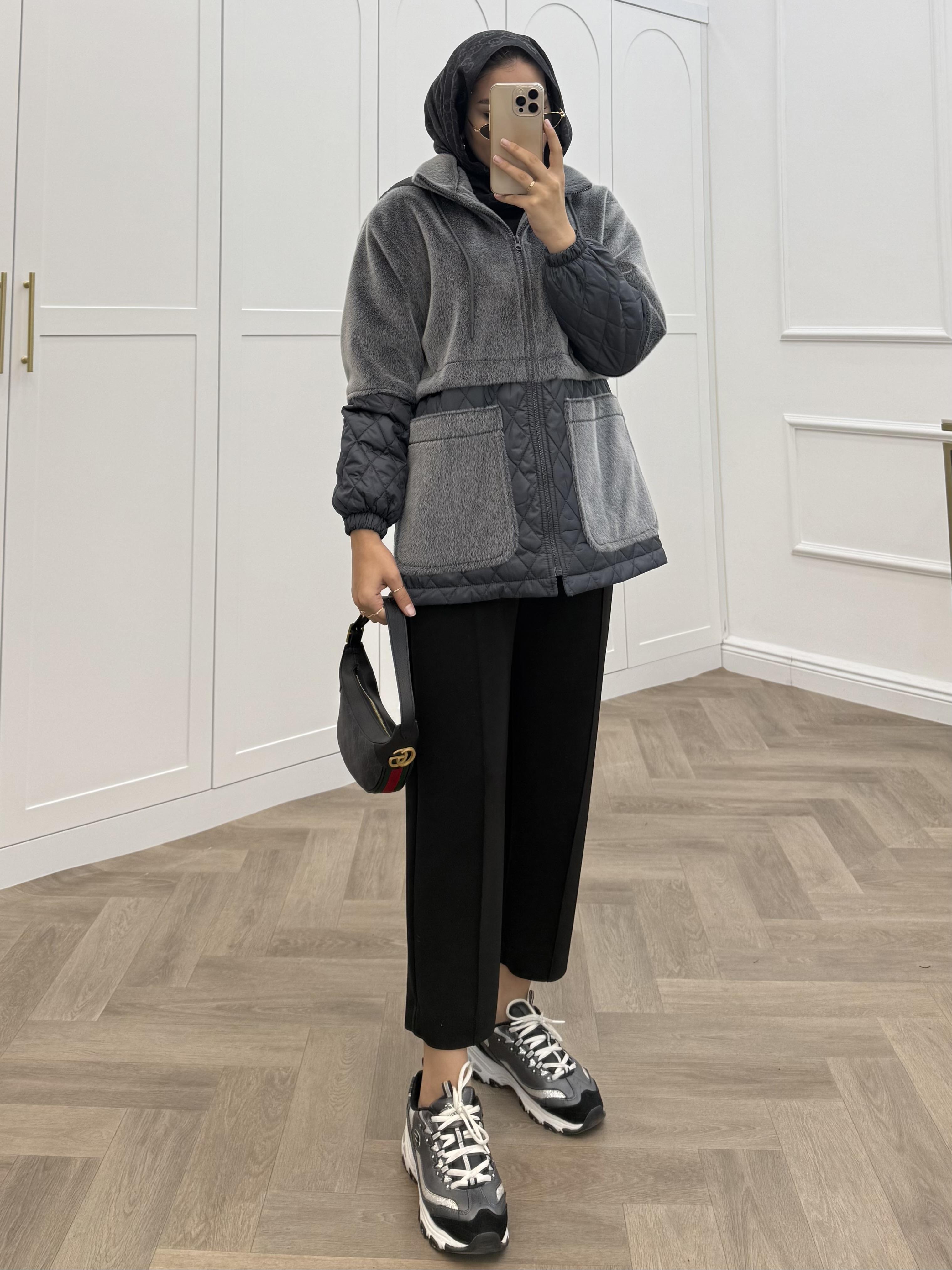 ANGORA CAPİTONE KAPÜŞONLU CEKET FÜME