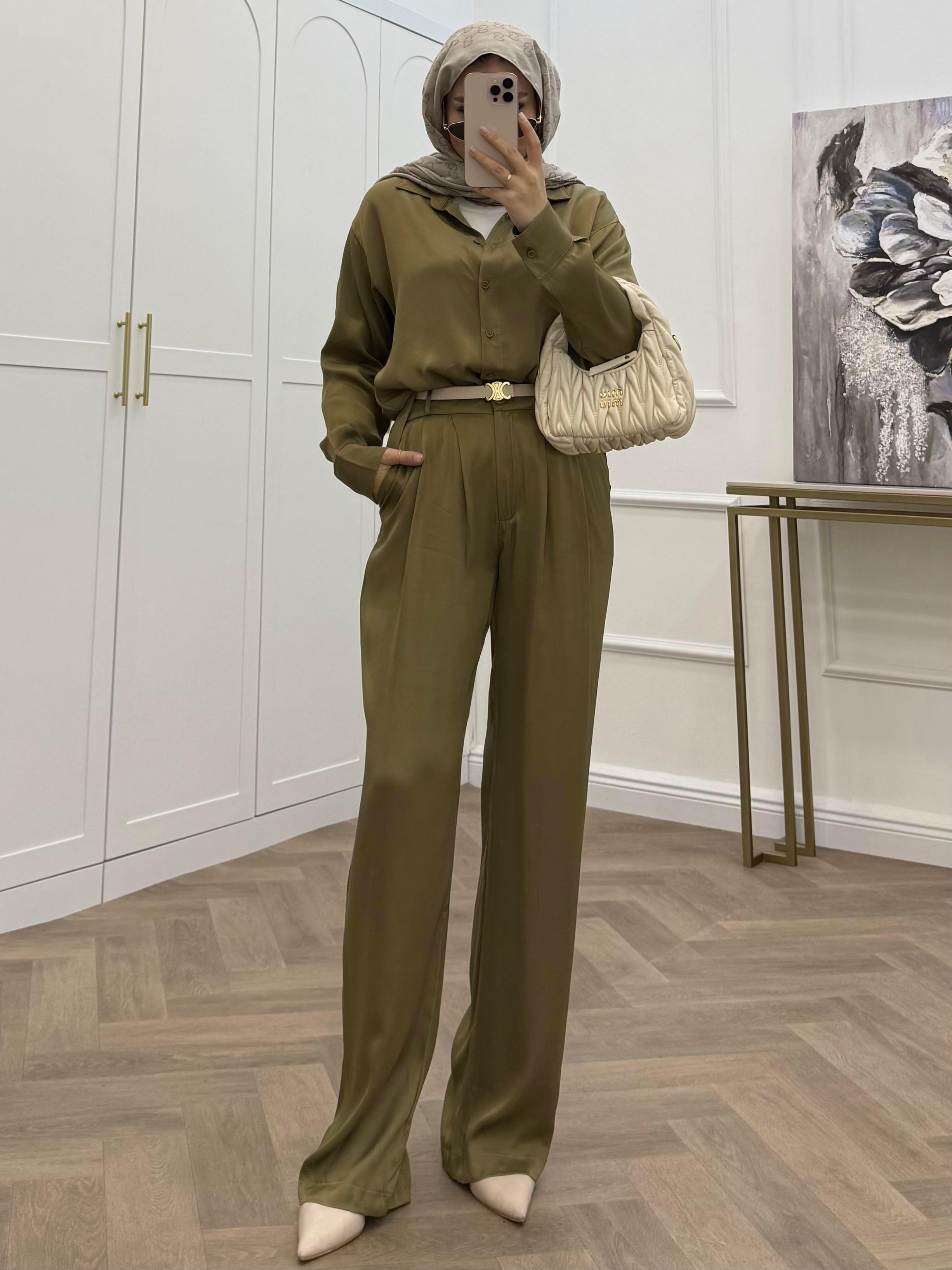 BASİC SATEN PANTOLONLU TAKIM YAĞ YEŞİLİ