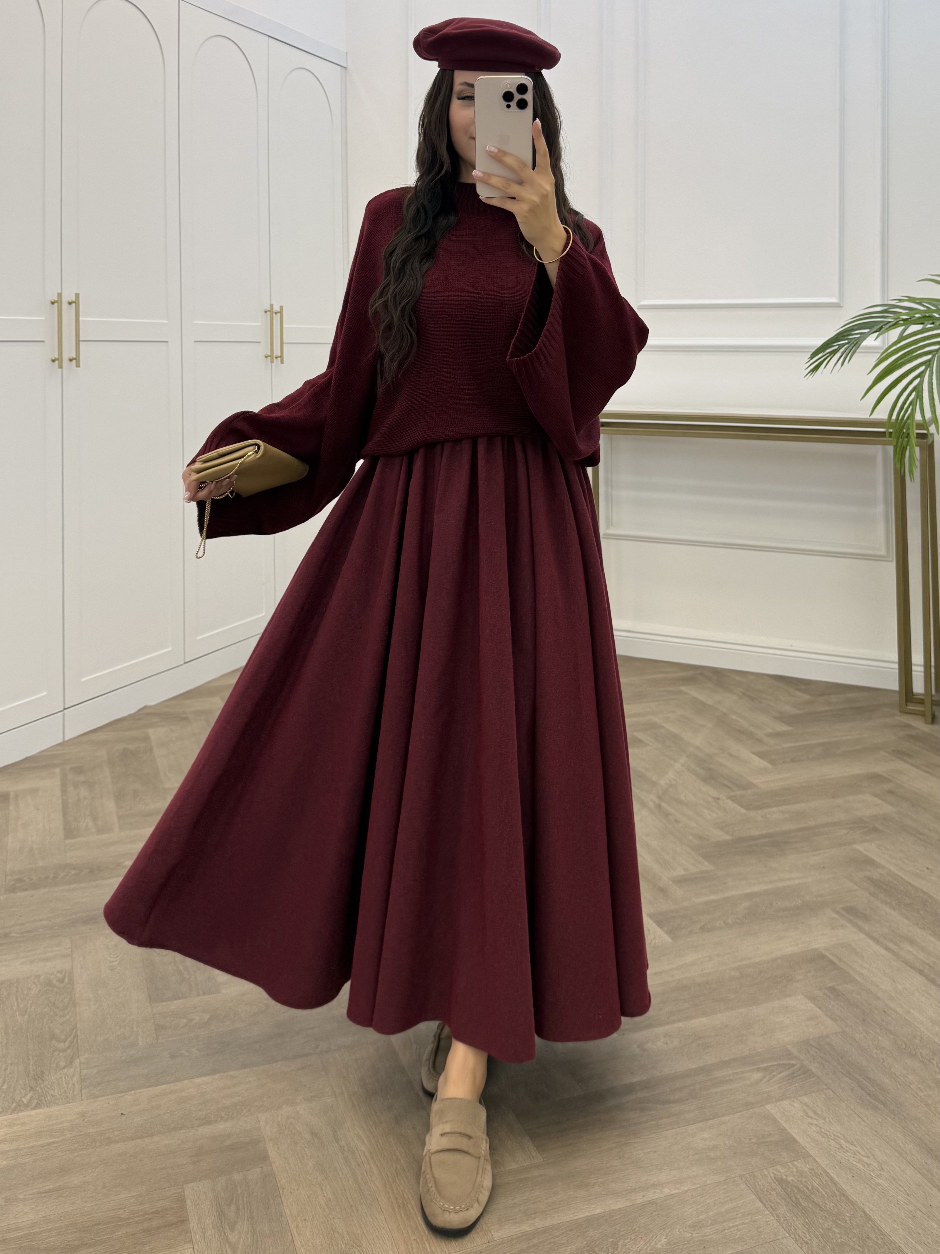 BELİ LASTİKLİ ETEK BORDO