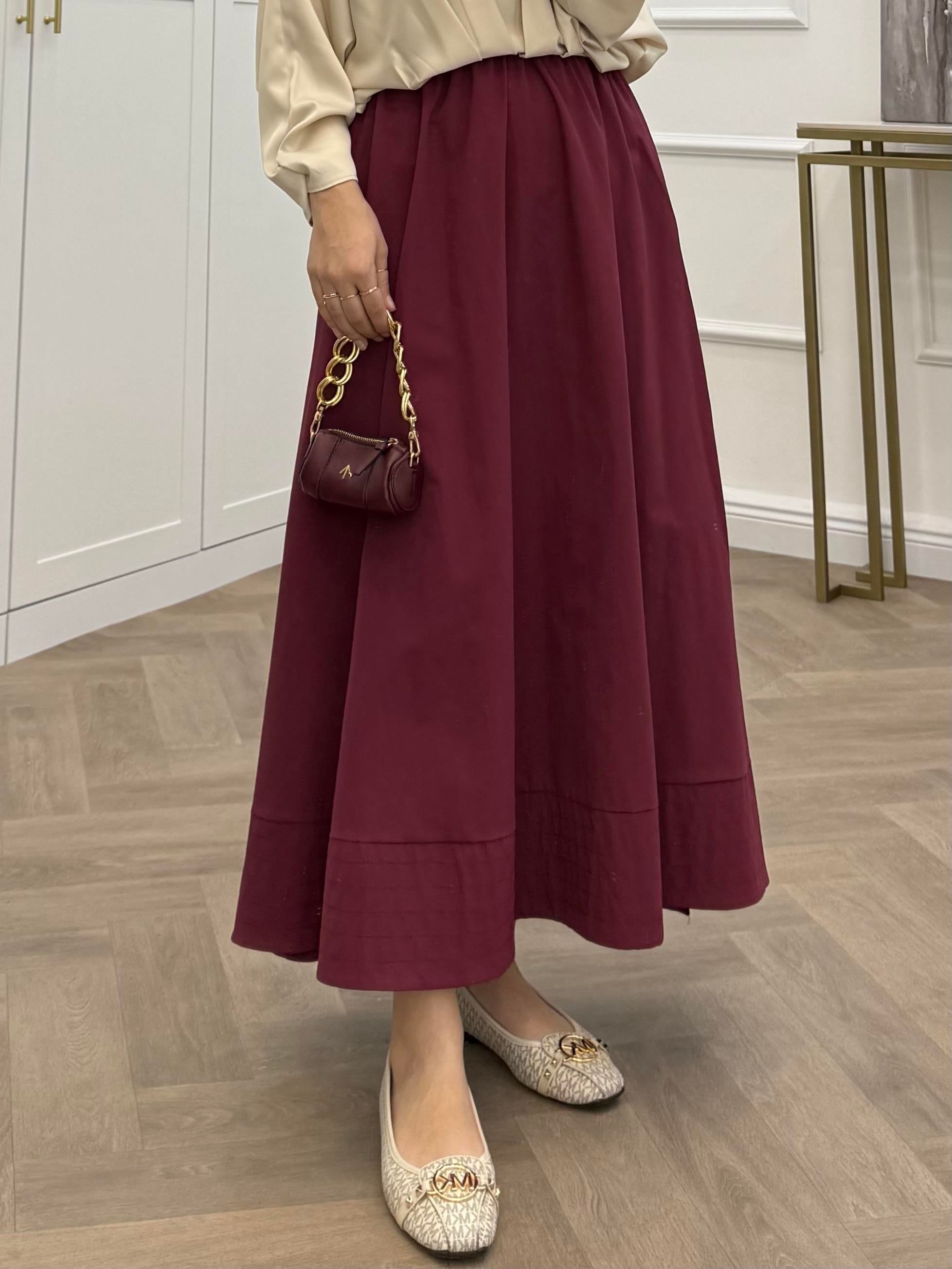 BELİ LASTİKLİ POPLİN ETEK BORDO