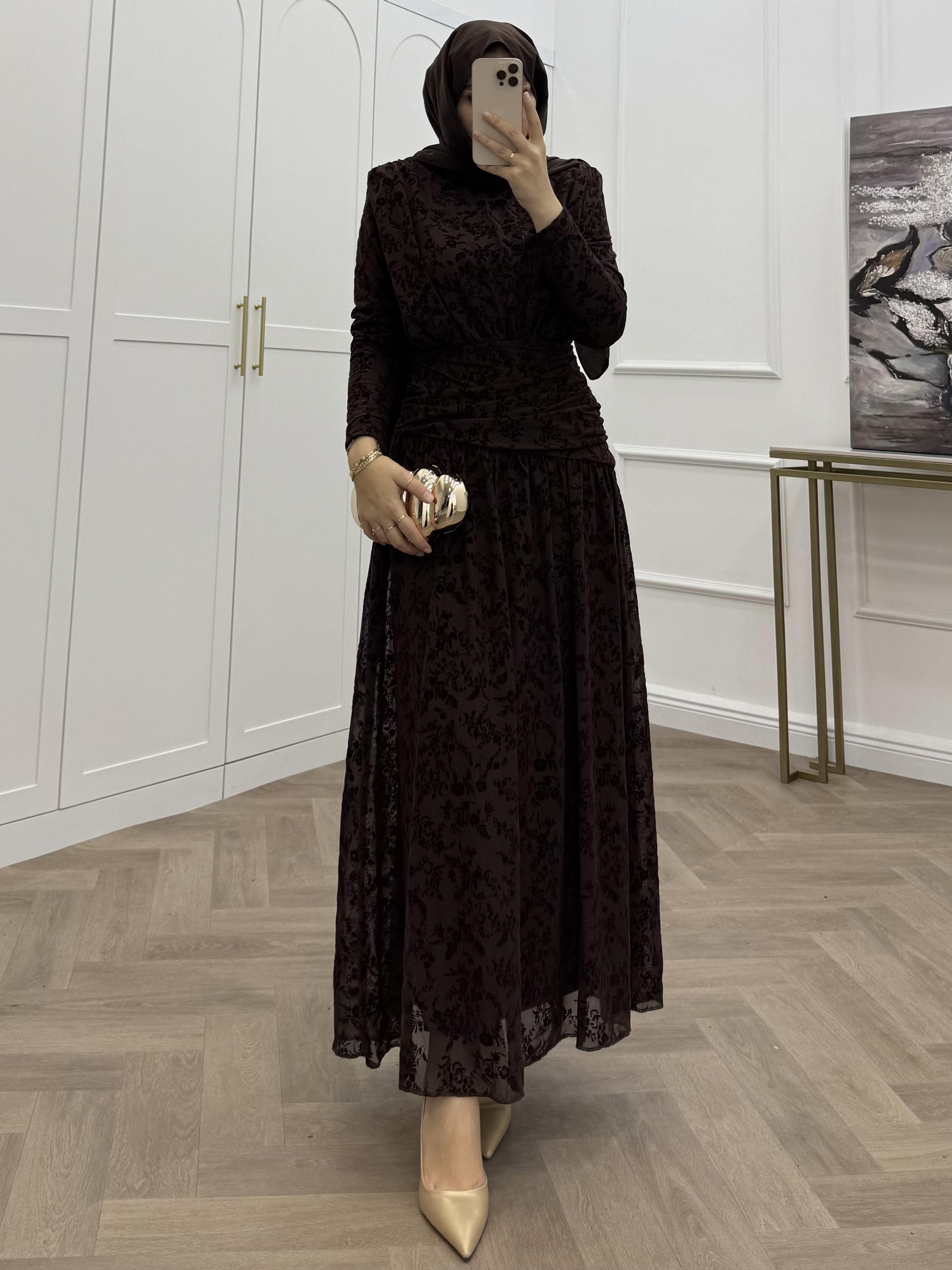 BELLA DANTEL ELBİSE KAHVE 