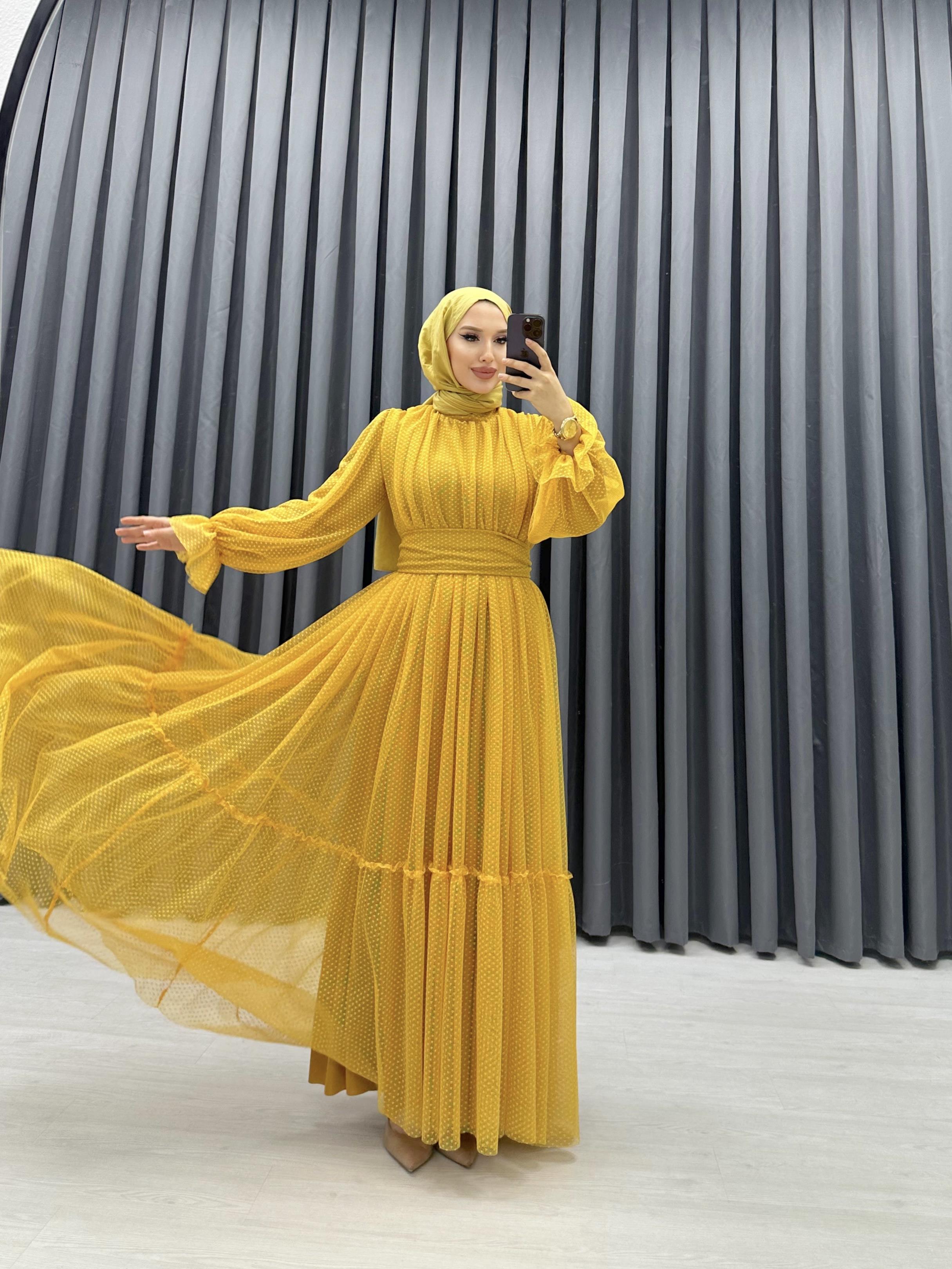 BENEKLİ TÜL ELBİSE SARI