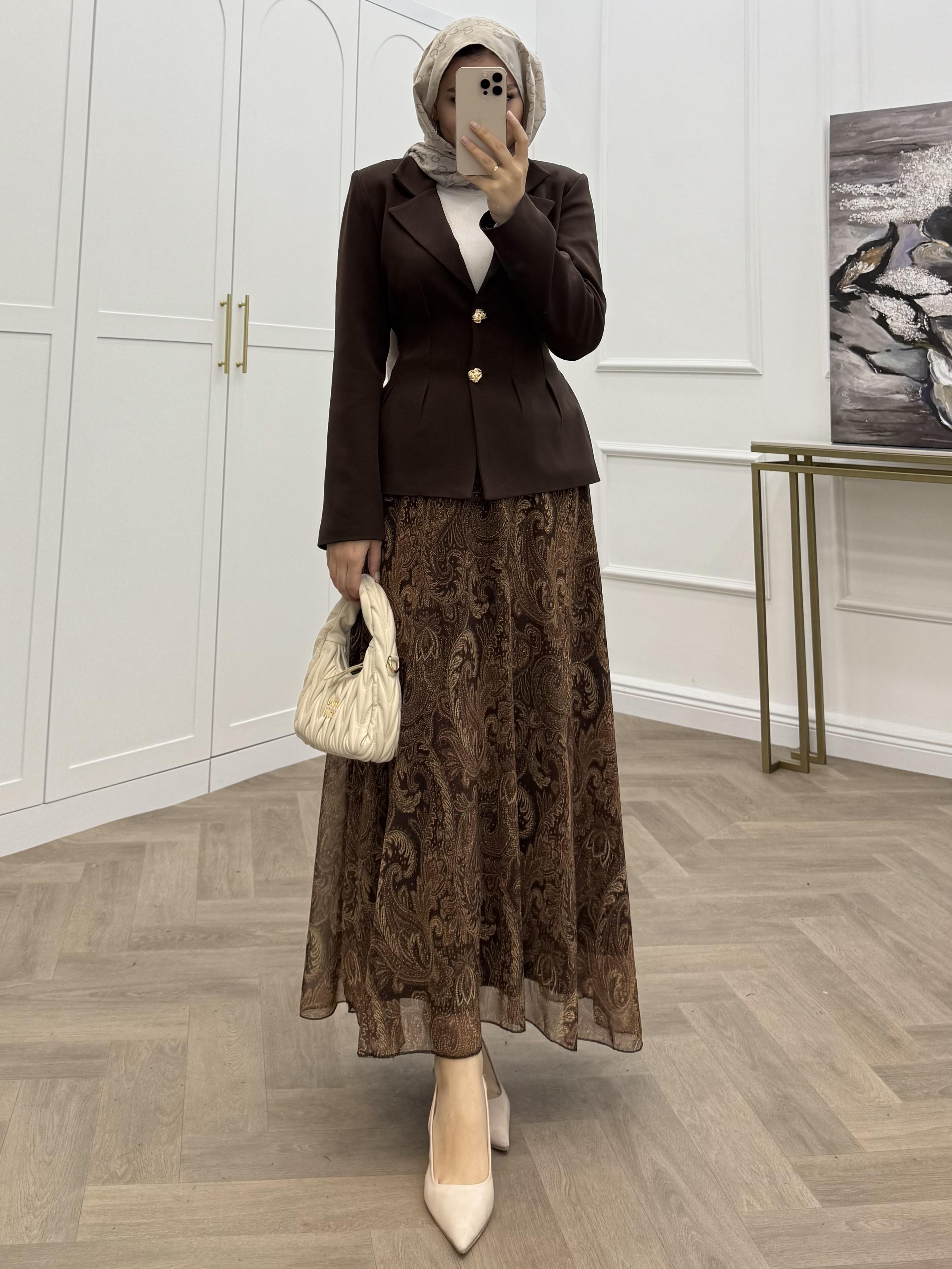 BLAZER CEKETLİ ŞİFON ETEKLİ TAKIM KAHVE 