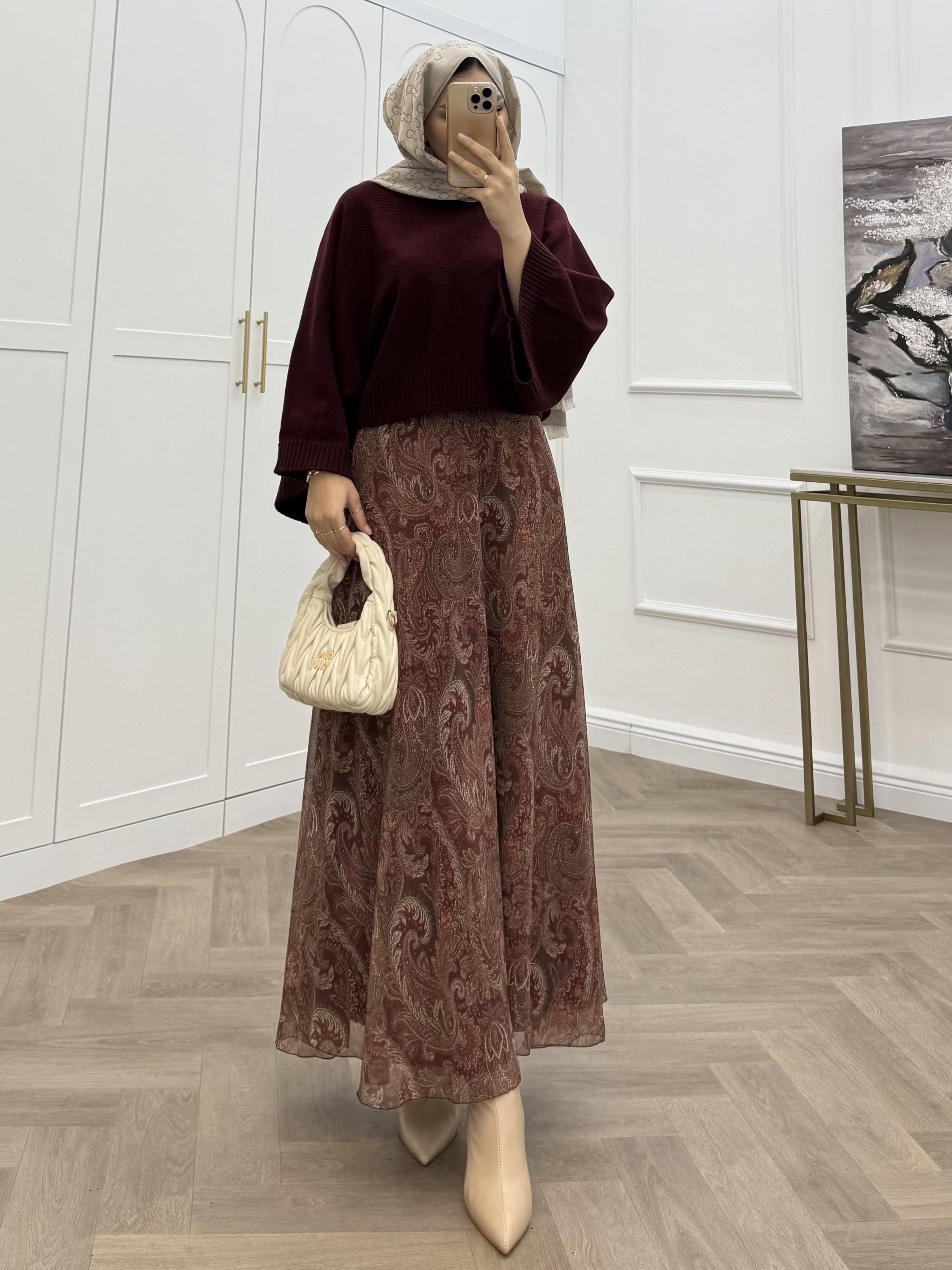 BUTA DESENLİ ŞİFON ETEK BORDO