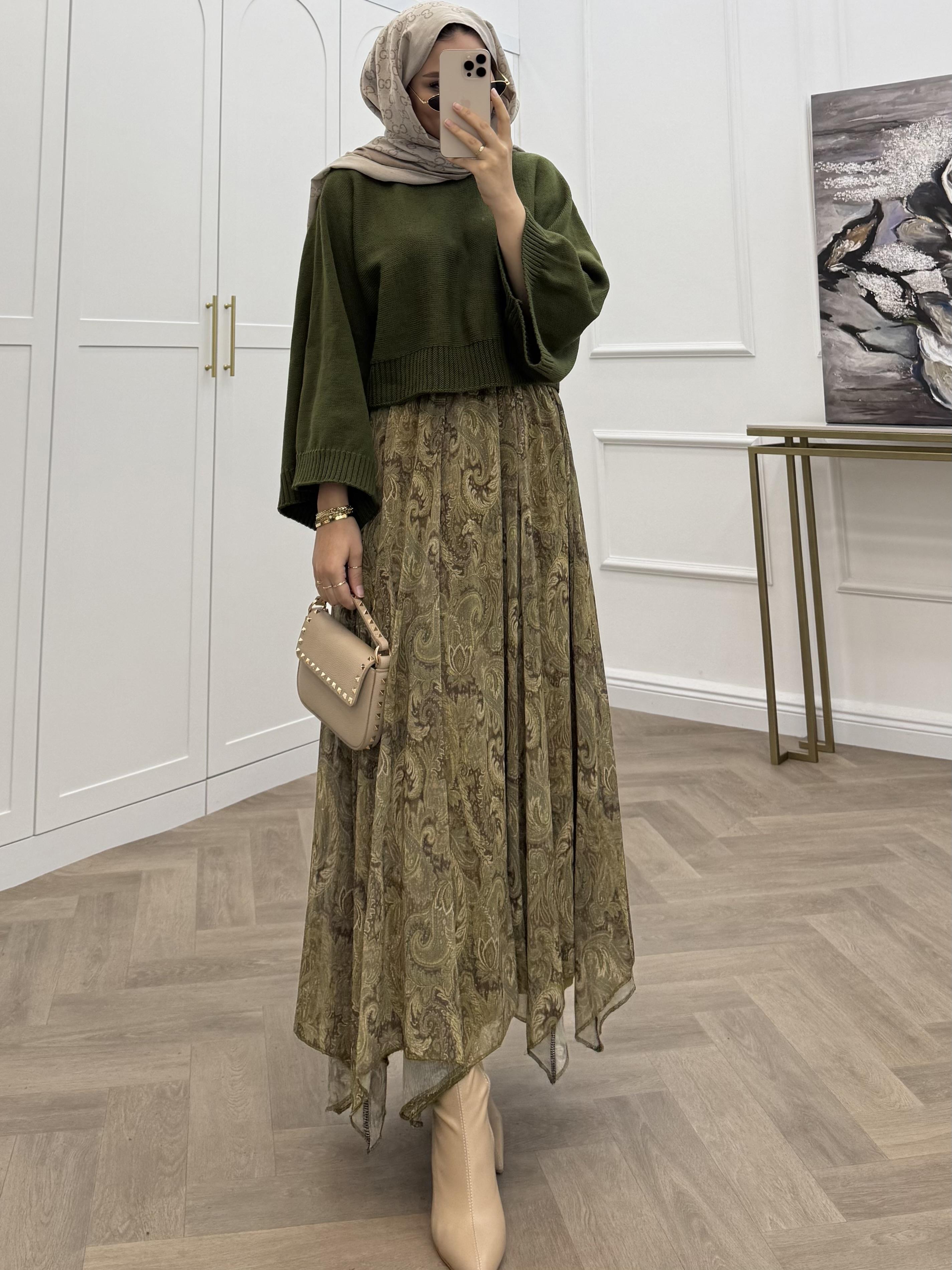 BUTA DESENLİ ŞİFON ETEK HAKİ