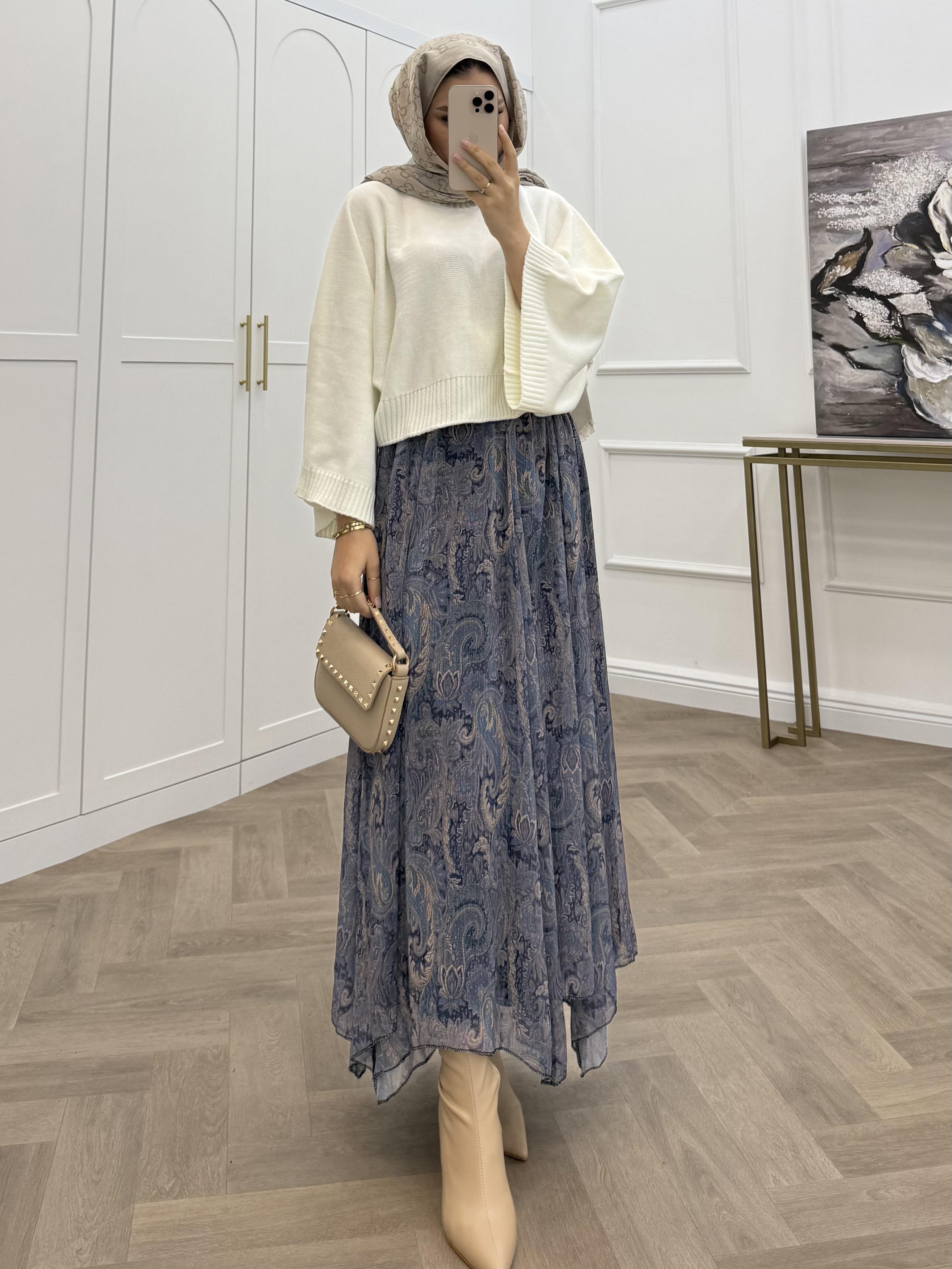 BUTA DESENLİ ŞİFON ETEK MAVİ