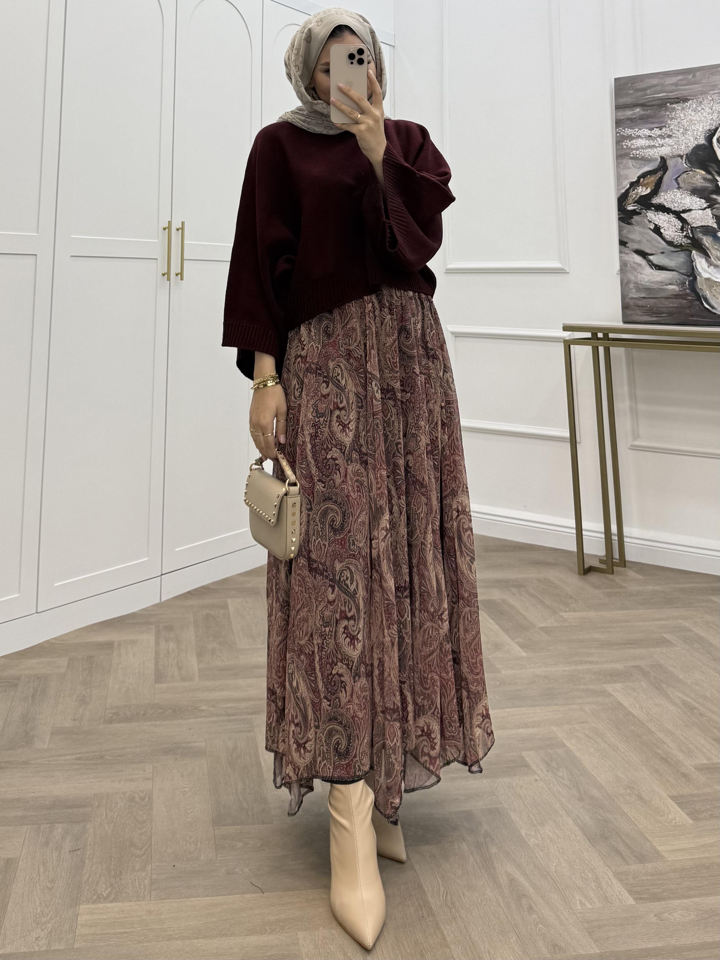 BUTA DESENLİ ŞİFON ETEK MÜRDÜM 