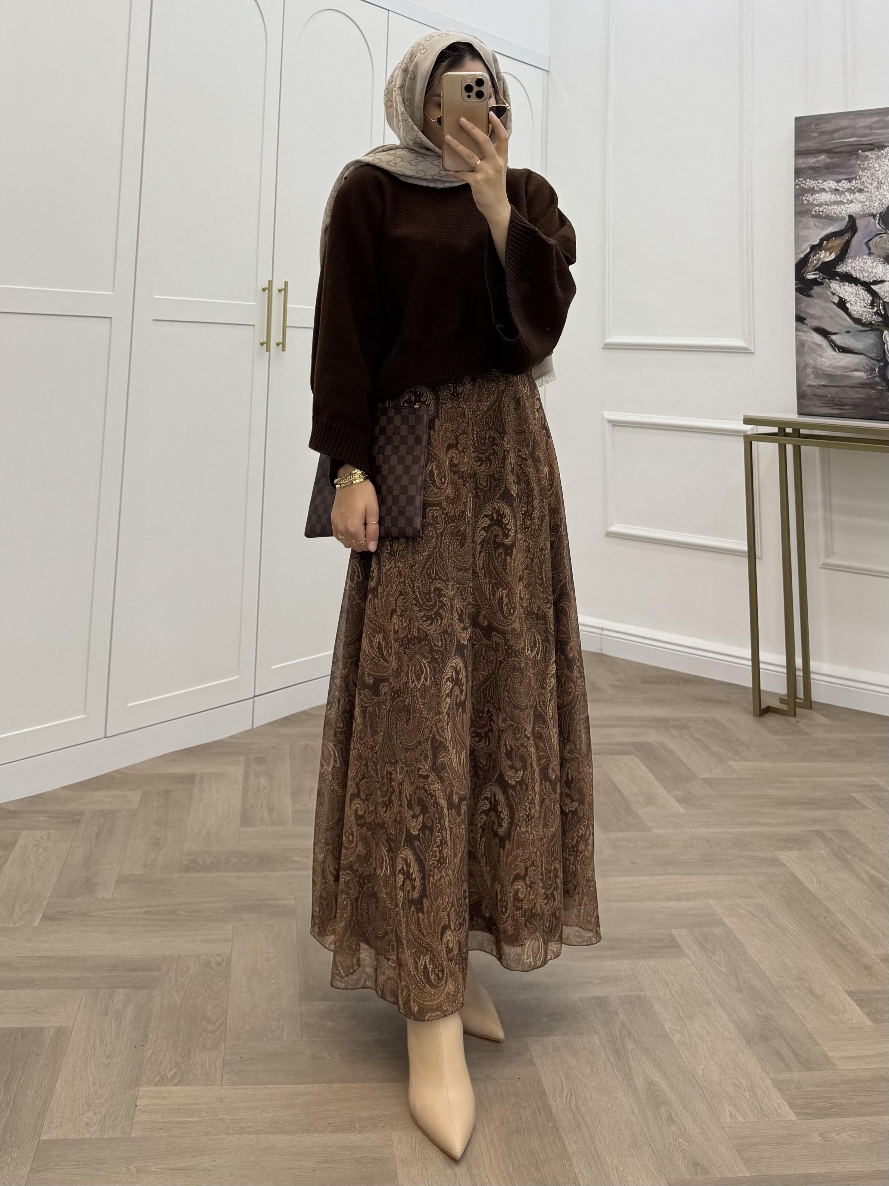 BUTA DESENLİ ŞİFON ETEK TABA