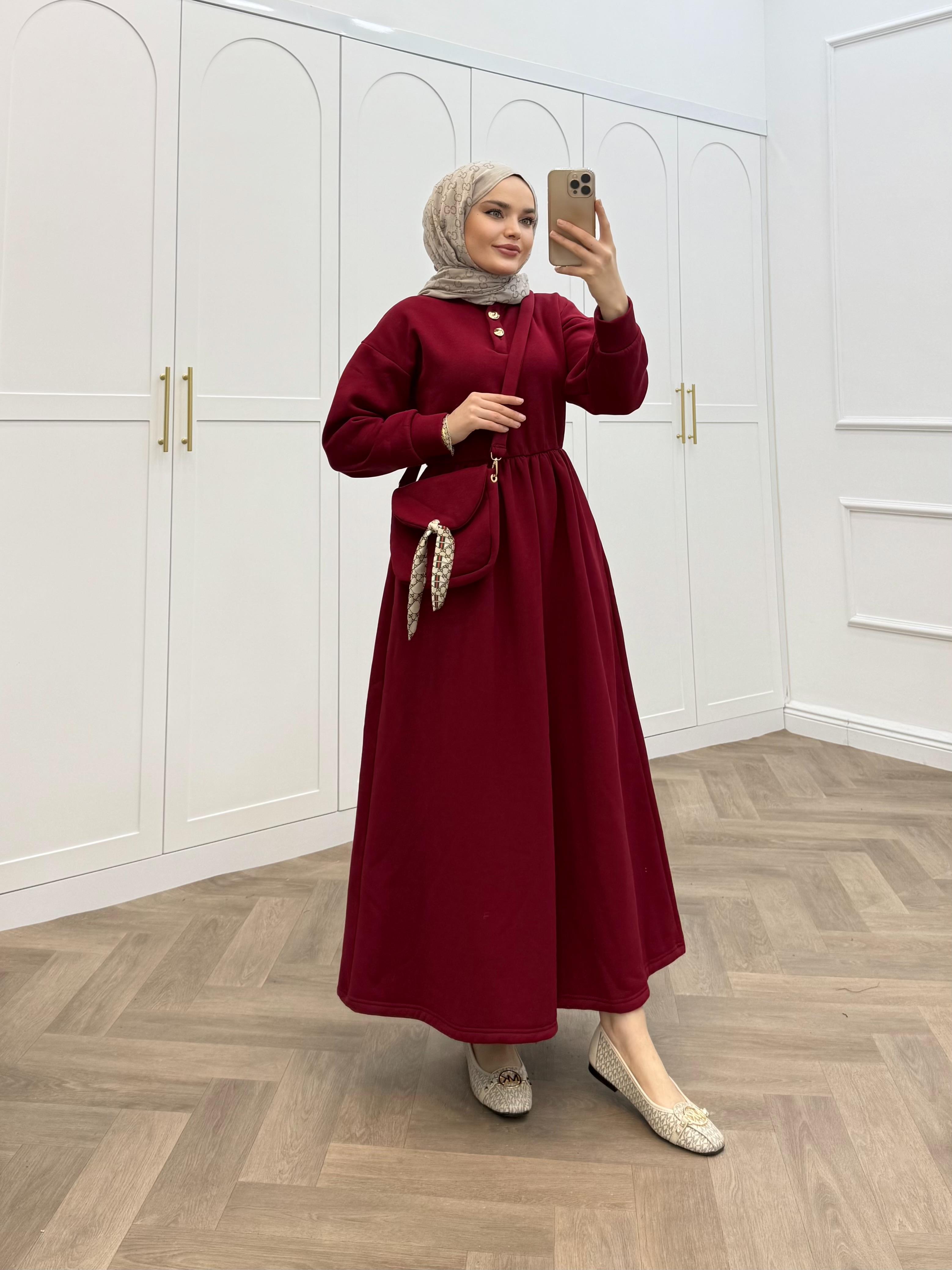 ÇANTA DETAY ŞARDONLU ELBİSE BORDO