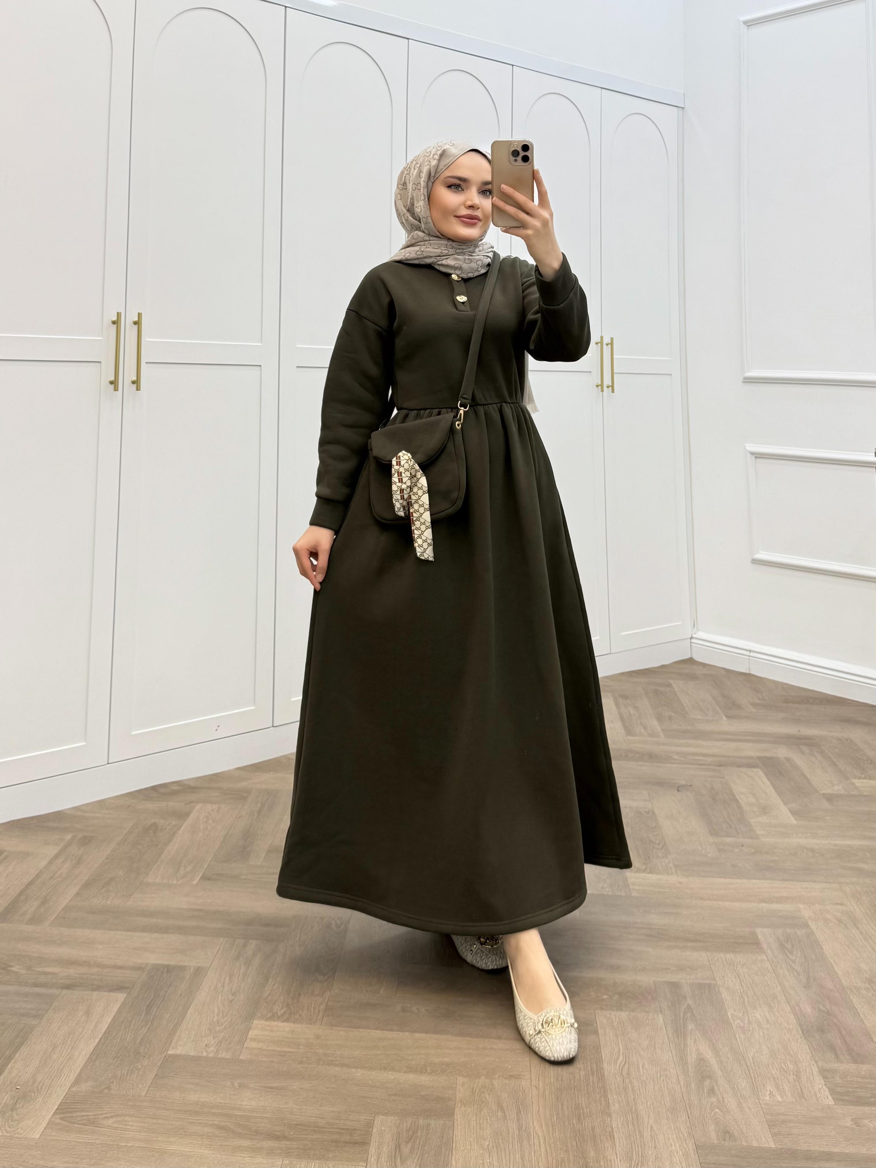 ÇANTA DETAY ŞARDONLU ELBİSE HAKİ