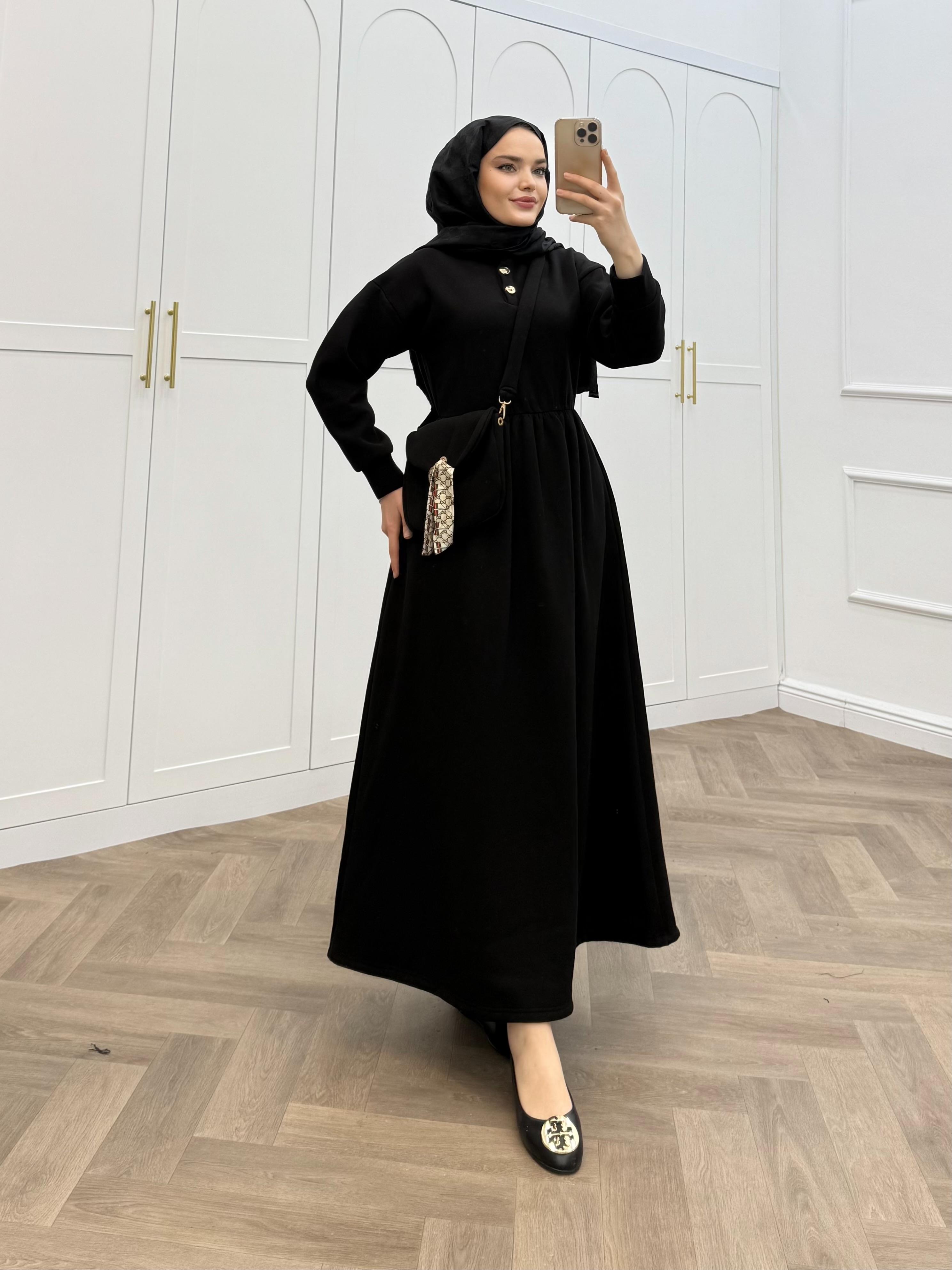 ÇANTA DETAY ŞARDONLU ELBİSE SİYAH