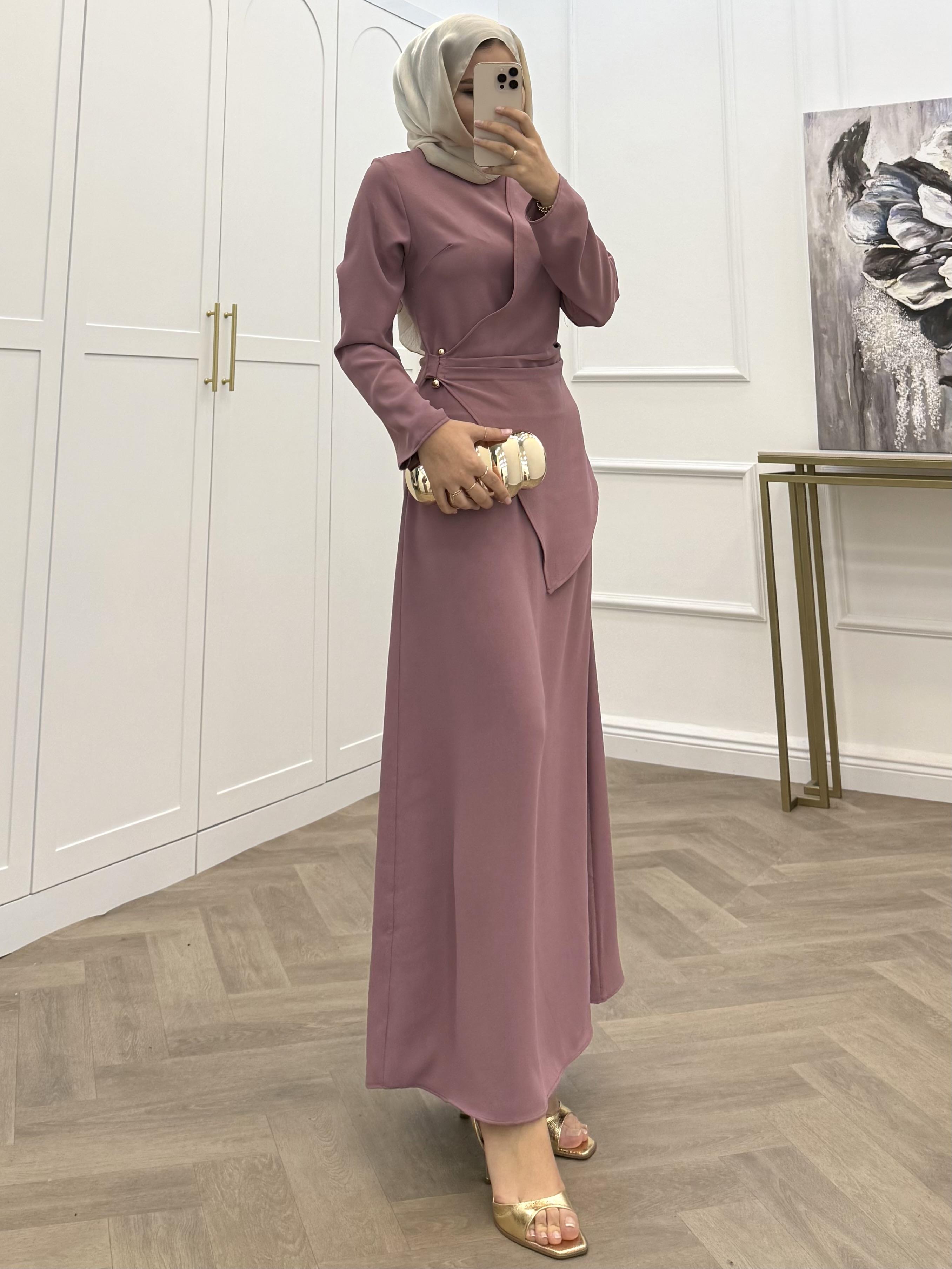 ÇAPRAZ GEÇİŞLİ KREP ELBİSE GÜL KURUSU