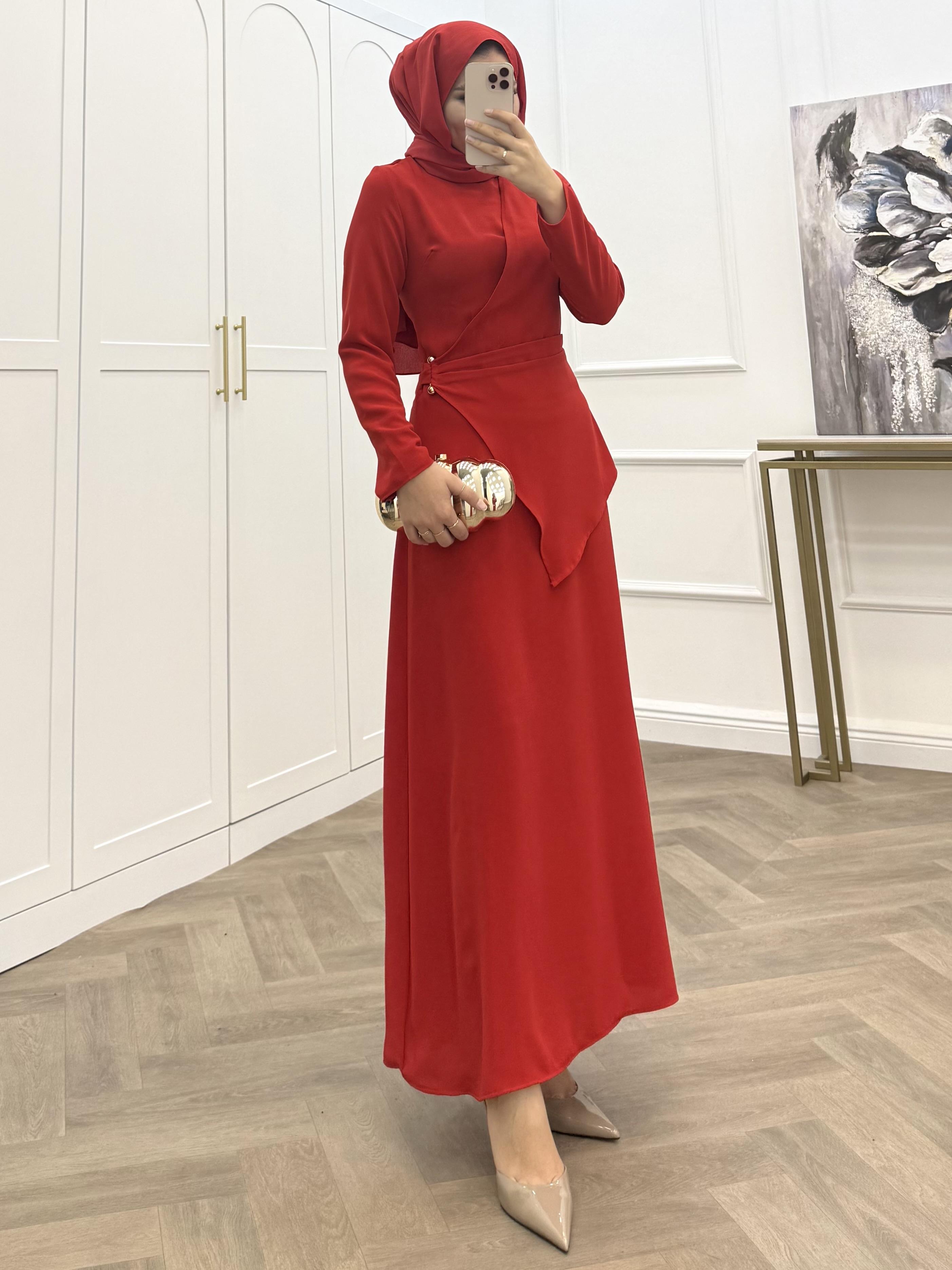 ÇAPRAZ GEÇİŞLİ KREP ELBİSE KIRMIZI